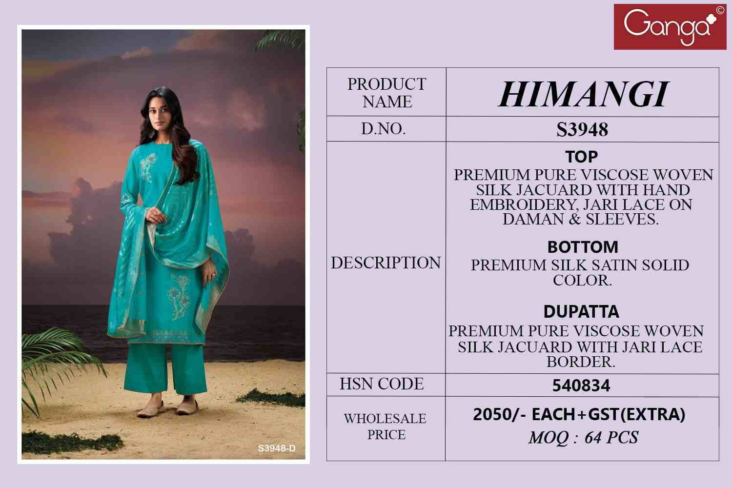 Himangi-3948 By Ganga Fashion 3948-A To 3948-D Series Beautiful Festive Suits Colorful Stylish Fancy Casual Wear & Ethnic Wear Pure Viscose Silk Jacquard Dresses At Wholesale Price
