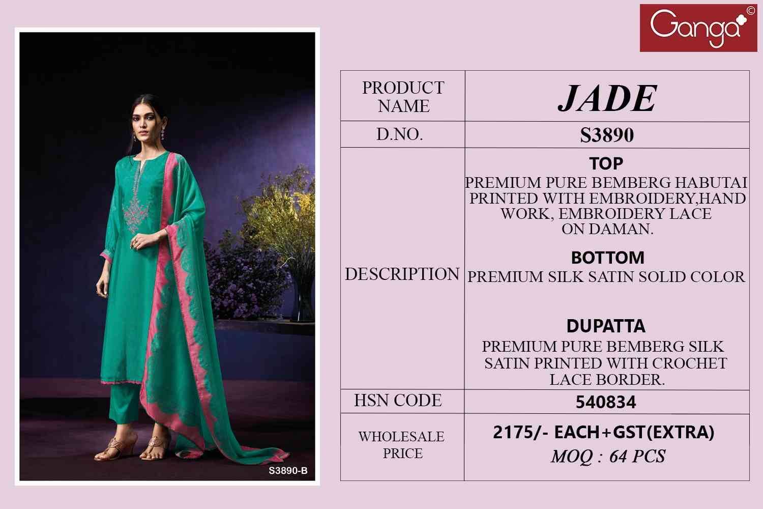 Jade-3890 By Ganga Fashion 3890-A To 3890-B Series Beautiful Festive Suits Colorful Stylish Fancy Casual Wear & Ethnic Wear Pure Bemberg Dresses At Wholesale Price