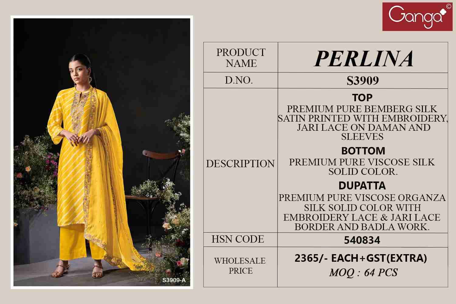 Perlina-3909 By Ganga Fashion 3909-A To 3909-B Series Beautiful Festive Suits Colorful Stylish Fancy Casual Wear & Ethnic Wear Pure Bemberg Silk Satin Dresses At Wholesale Price