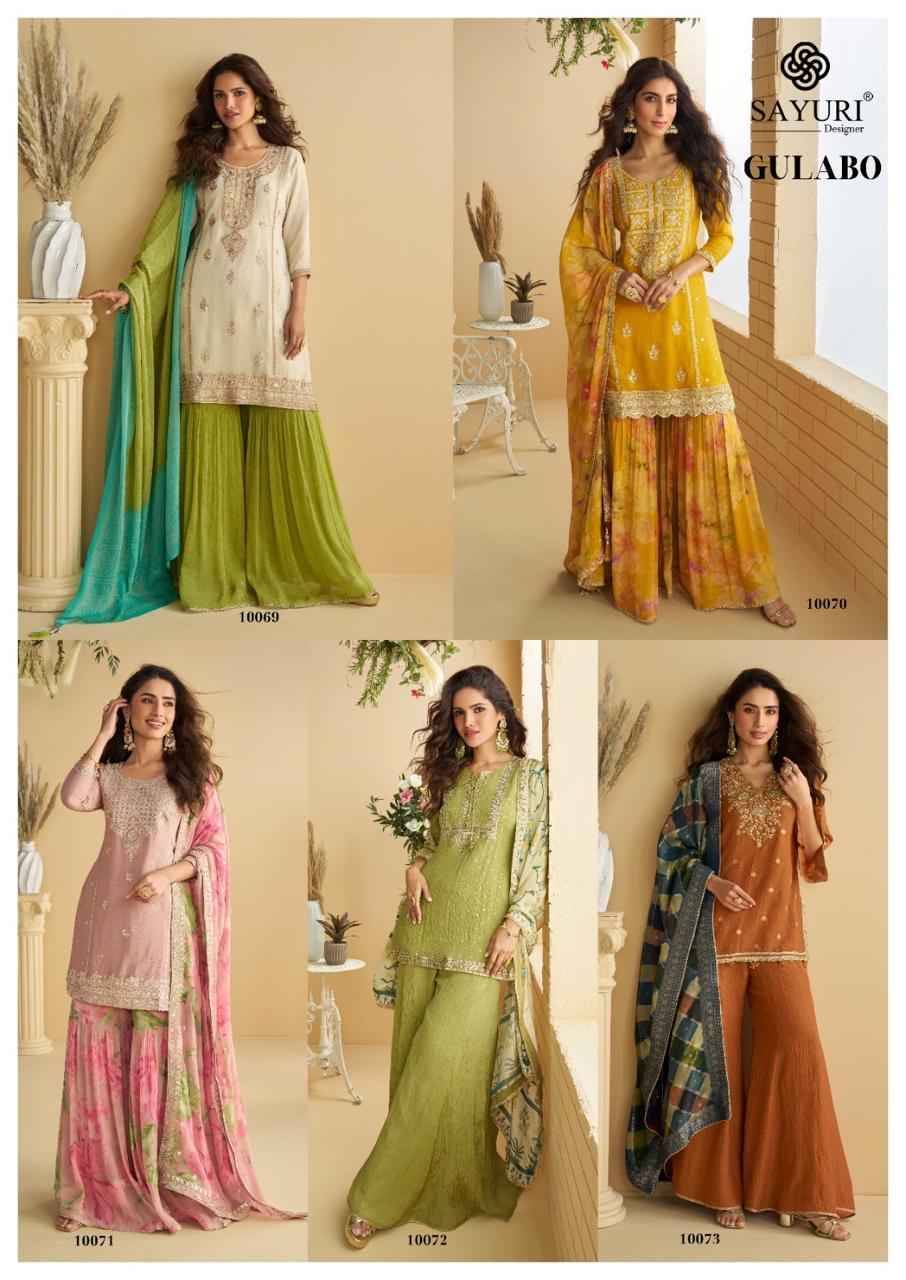 Gulabo By Sayuri 10069 To 10073 Series Beautiful Sharara Suits Colorful Stylish Fancy Casual Wear & Ethnic Wear Chinnon Silk Dresses At Wholesale Price