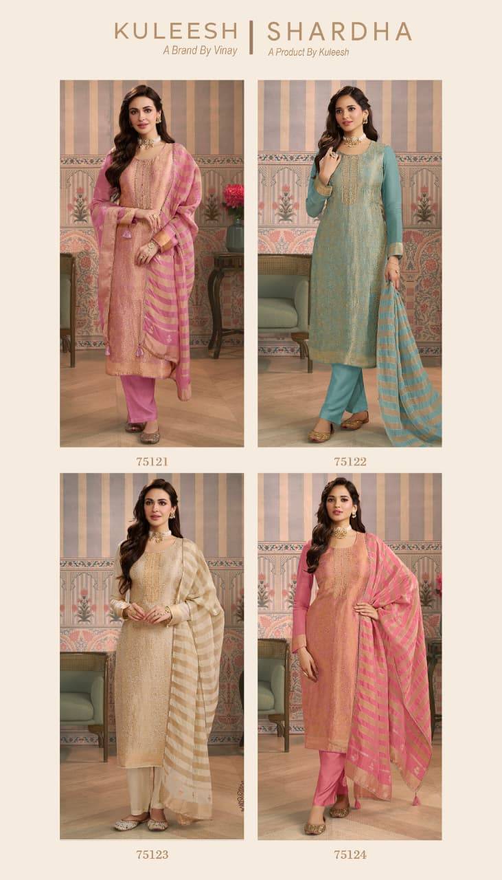 Shardha By Kuleesh 75121 To 75124 Series Designer Festive Suits Collection Beautiful Stylish Fancy Colorful Party Wear & Occasional Wear Simmer Jacquard Dresses At Wholesale Price