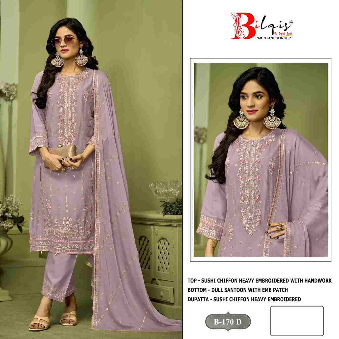 Bilqis 170 Colours By Bilqis 170-A To 170-D Series Beautiful Pakistani Suits Stylish Fancy Colorful Party Wear & Occasional Wear Chiffon Embroidery Dresses At Wholesale Price