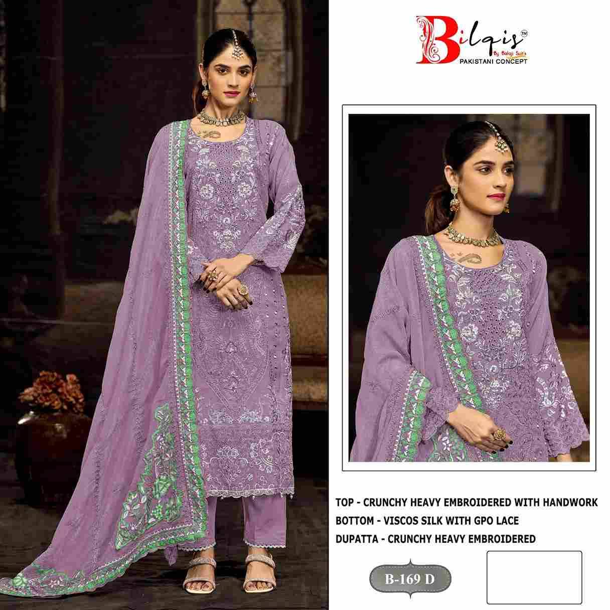 Bilqis 169 Colours By Bilqis 169-A To 169-D Series Beautiful Pakistani Suits Stylish Fancy Colorful Party Wear & Occasional Wear Crunchy Embroidery Dresses At Wholesale Price