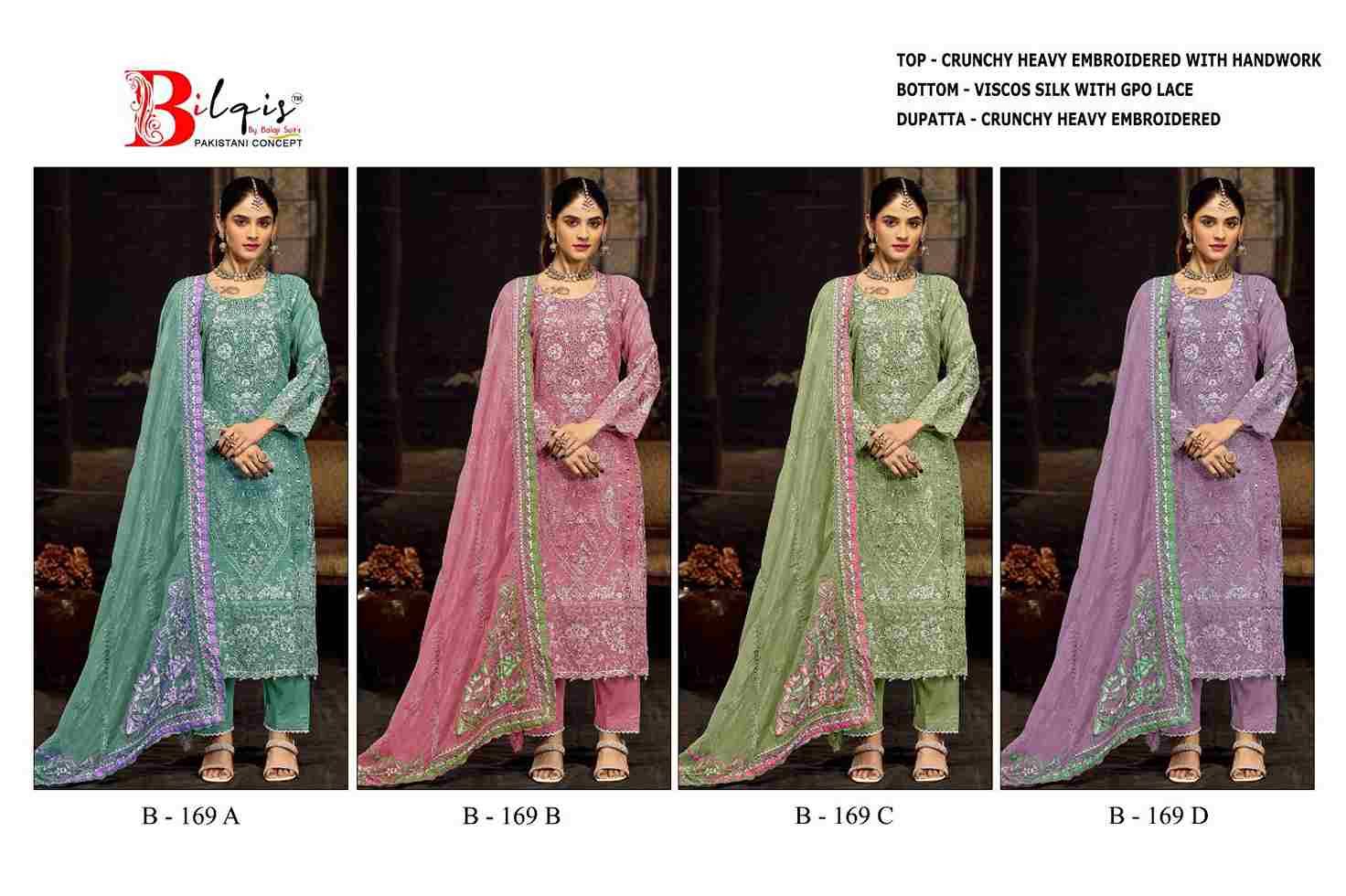 Bilqis 169 Colours By Bilqis 169-A To 169-D Series Beautiful Pakistani Suits Stylish Fancy Colorful Party Wear & Occasional Wear Crunchy Embroidery Dresses At Wholesale Price