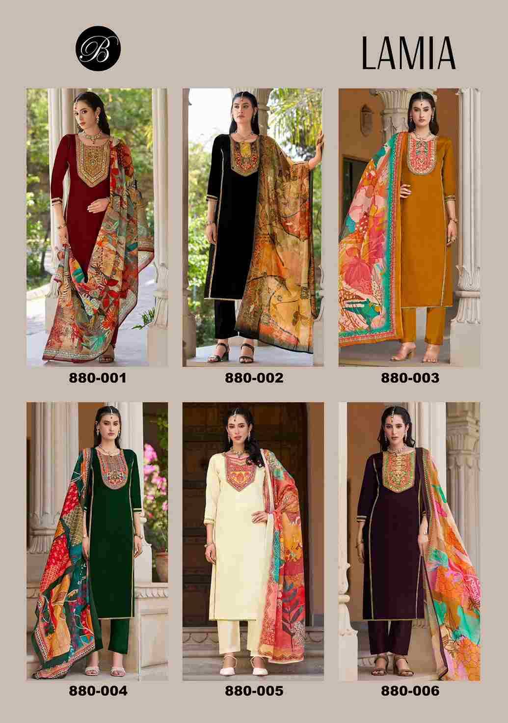 Lamia By Belliza 880-001 To 880-006 Series Beautiful Festive Suits Stylish Fancy Colorful Casual Wear & Ethnic Wear Pure Jam Dresses At Wholesale Price