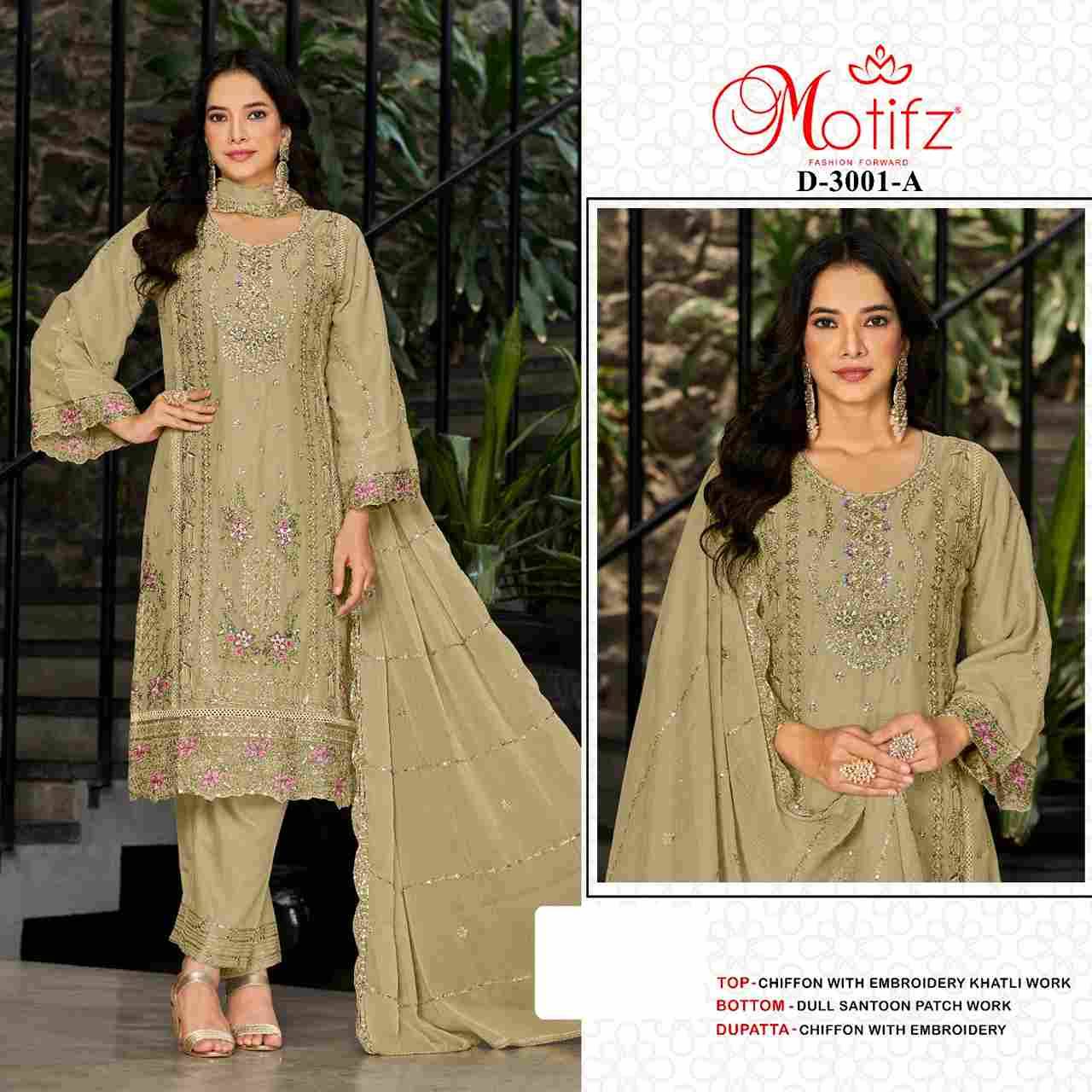 Motifz Hit Design 3001 Colours By Motifz 3001-A To 3001-D Series Beautiful Pakistani Suits Colorful Stylish Fancy Casual Wear & Ethnic Wear Chiffon Dresses At Wholesale Price