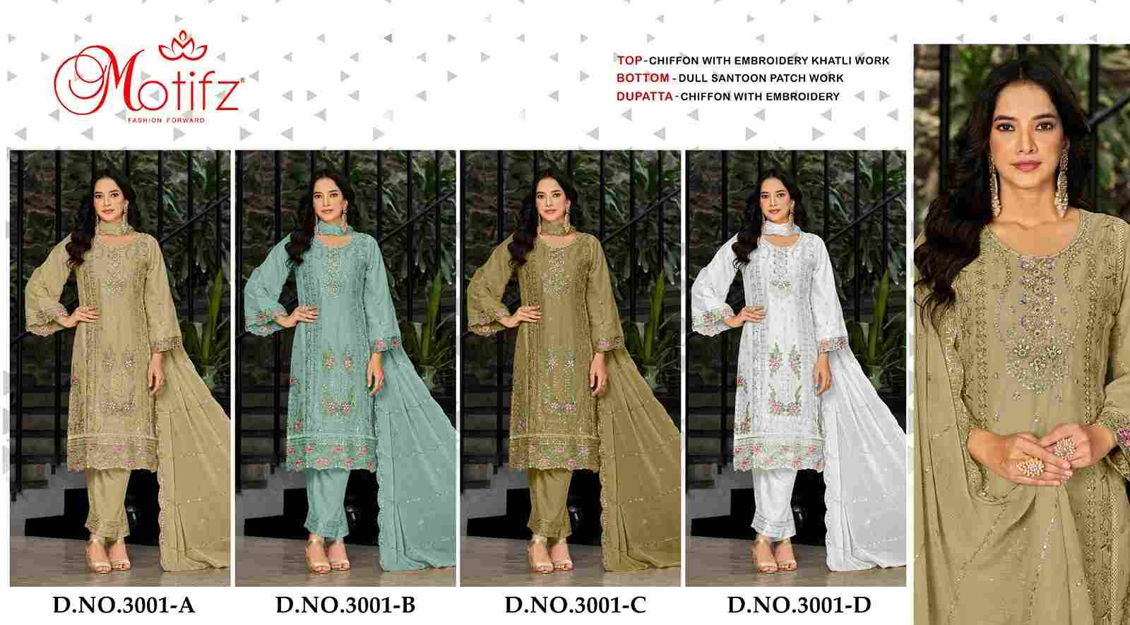 Motifz Hit Design 3001 Colours By Motifz 3001-A To 3001-D Series Beautiful Pakistani Suits Colorful Stylish Fancy Casual Wear & Ethnic Wear Chiffon Dresses At Wholesale Price