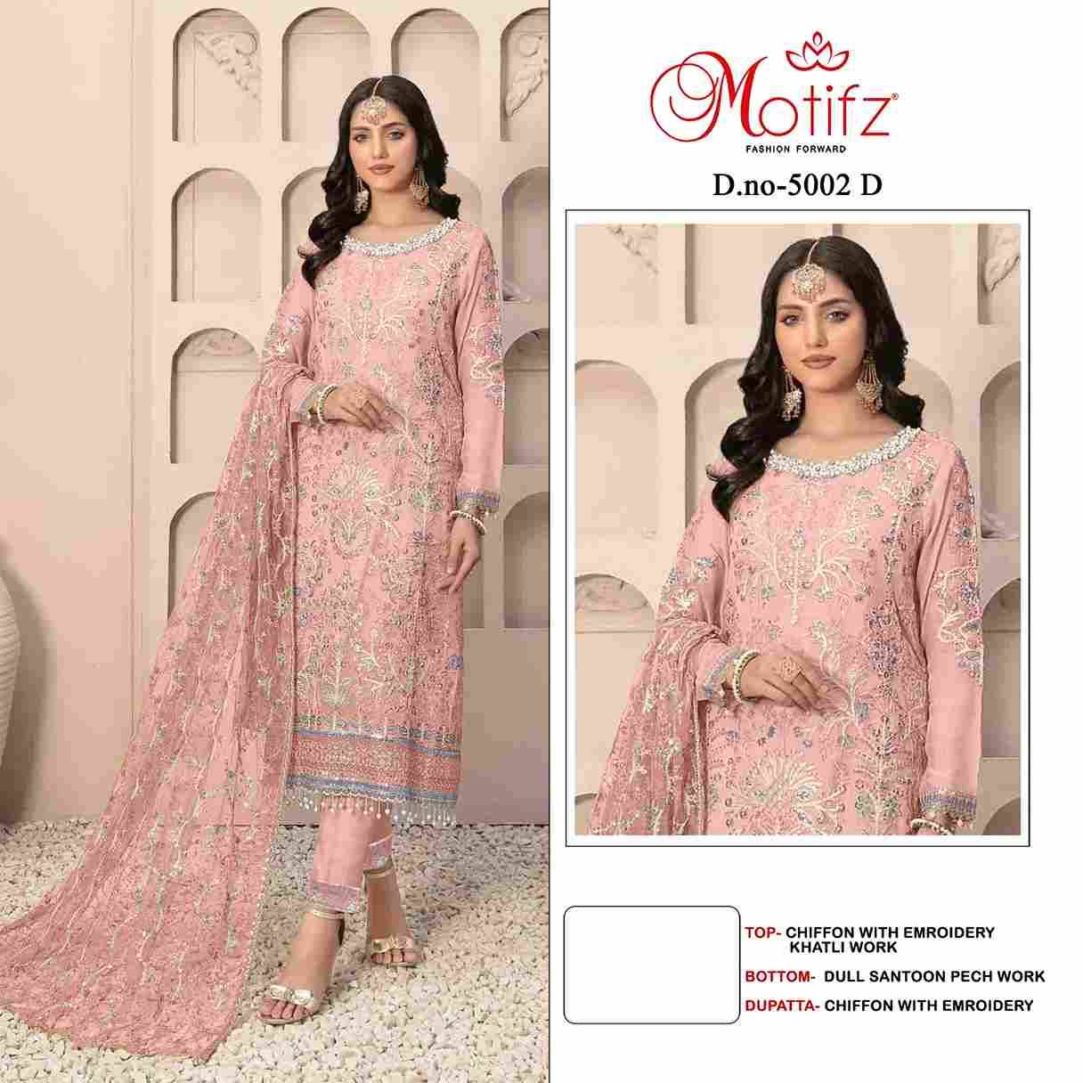 Motifz Hit Design 5002 Colours By Motifz 5002-A To 5002-D Series Beautiful Pakistani Suits Colorful Stylish Fancy Casual Wear & Ethnic Wear Chiffon Dresses At Wholesale Price
