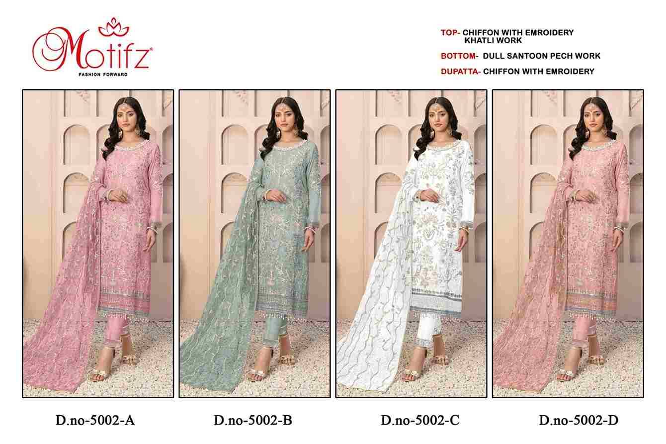 Motifz Hit Design 5002 Colours By Motifz 5002-A To 5002-D Series Beautiful Pakistani Suits Colorful Stylish Fancy Casual Wear & Ethnic Wear Chiffon Dresses At Wholesale Price