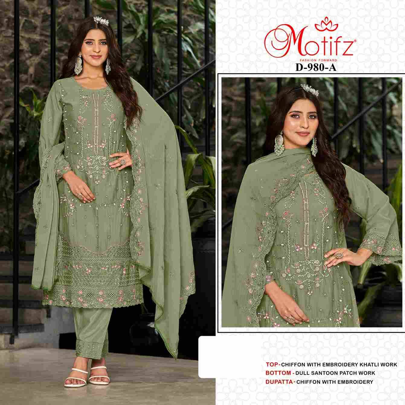 Motifz Hit Design 980 Colours By Motifz 980-A To 980-D Series Beautiful Pakistani Suits Colorful Stylish Fancy Casual Wear & Ethnic Wear Chiffon Dresses At Wholesale Price