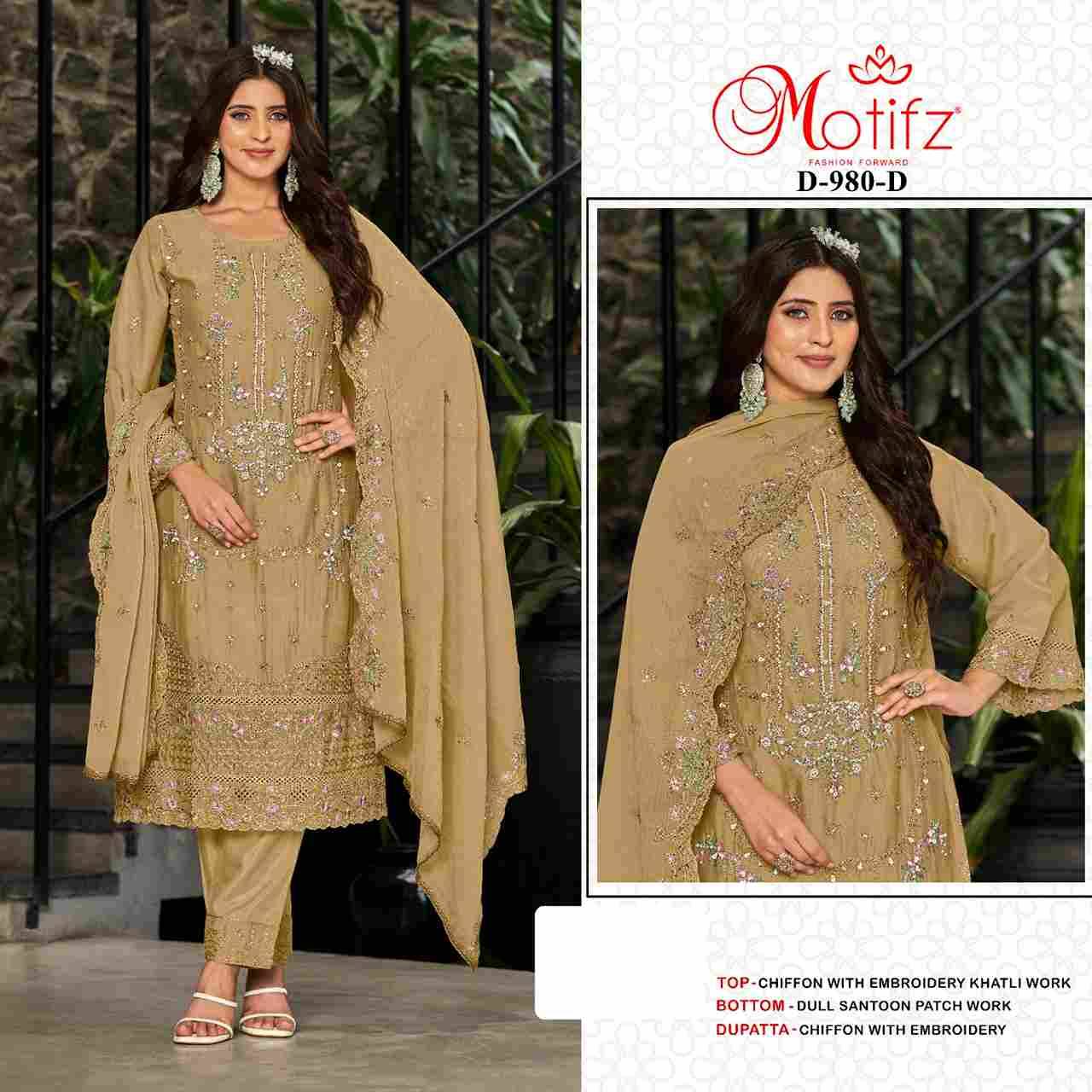 Motifz Hit Design 980 Colours By Motifz 980-A To 980-D Series Beautiful Pakistani Suits Colorful Stylish Fancy Casual Wear & Ethnic Wear Chiffon Dresses At Wholesale Price