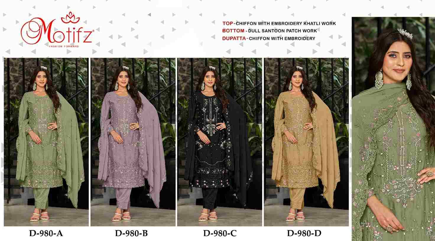 Motifz Hit Design 980 Colours By Motifz 980-A To 980-D Series Beautiful Pakistani Suits Colorful Stylish Fancy Casual Wear & Ethnic Wear Chiffon Dresses At Wholesale Price