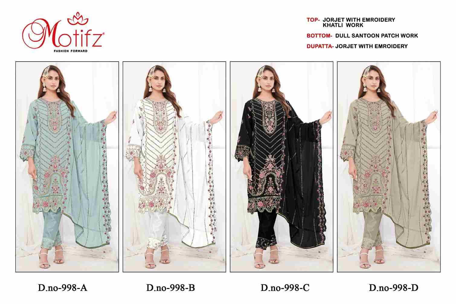 Motifz Hit Design 998 Colours By Motifz 998-A To 998-D Series Beautiful Pakistani Suits Colorful Stylish Fancy Casual Wear & Ethnic Wear Georgette Dresses At Wholesale Price
