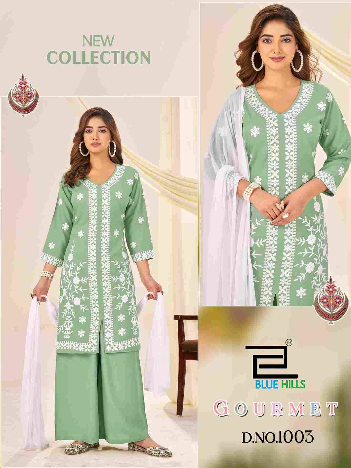 Gourmet By Blue Hills 1001 To 1004 Series Beautiful Stylish Festive Suits Fancy Colorful Casual Wear & Ethnic Wear & Ready To Wear Rayon Dresses At Wholesale Price