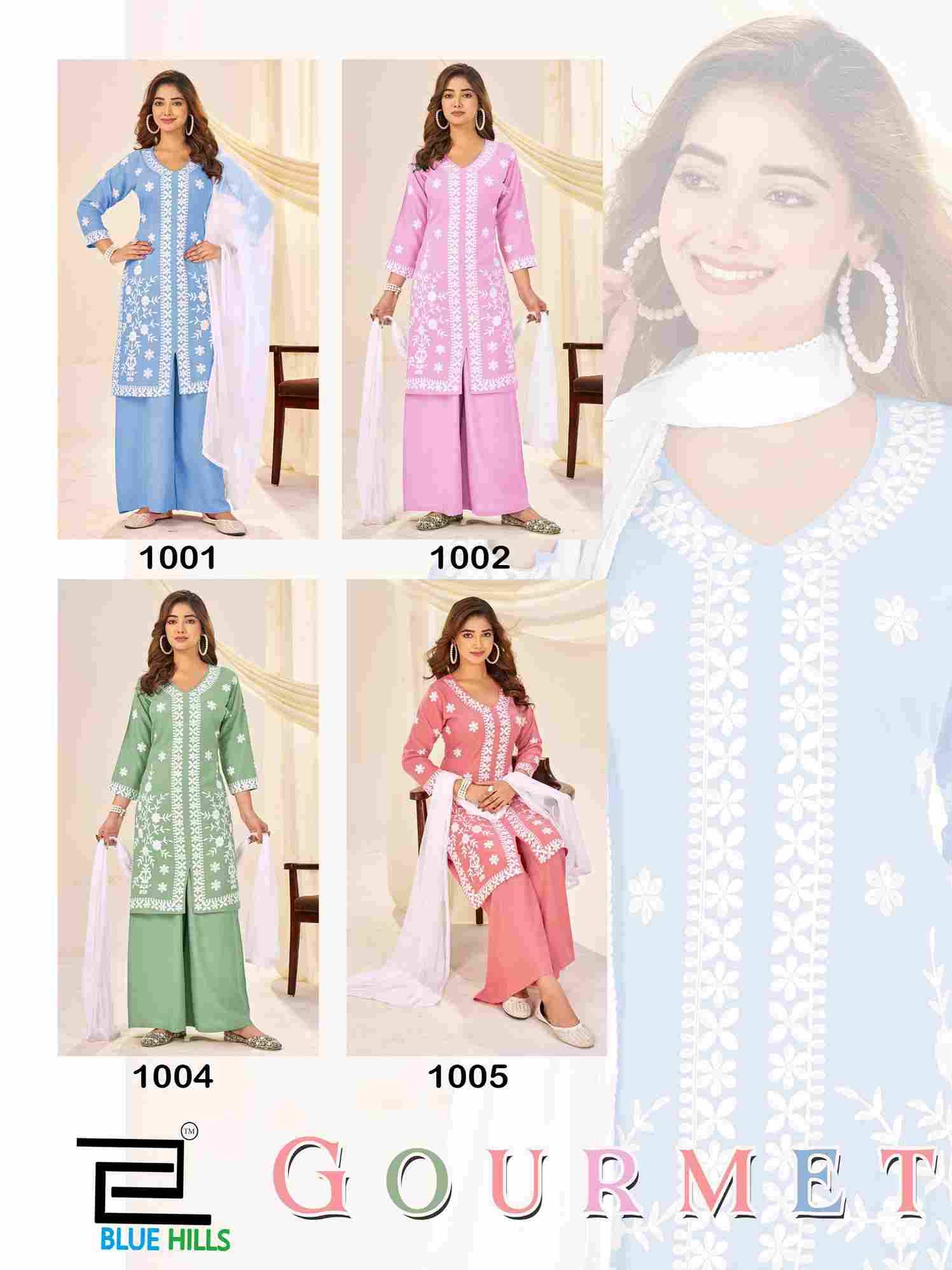Gourmet By Blue Hills 1001 To 1004 Series Beautiful Stylish Festive Suits Fancy Colorful Casual Wear & Ethnic Wear & Ready To Wear Rayon Dresses At Wholesale Price