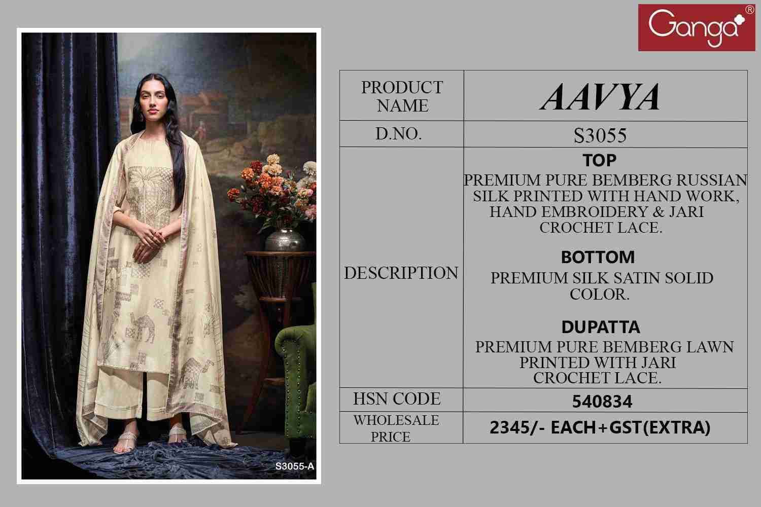 Aavya-3055 By Ganga Fashion 3055-A To 3055-B Series Beautiful Festive Suits Colorful Stylish Fancy Casual Wear & Ethnic Wear Pure Bemberg Silk Dresses At Wholesale Price
