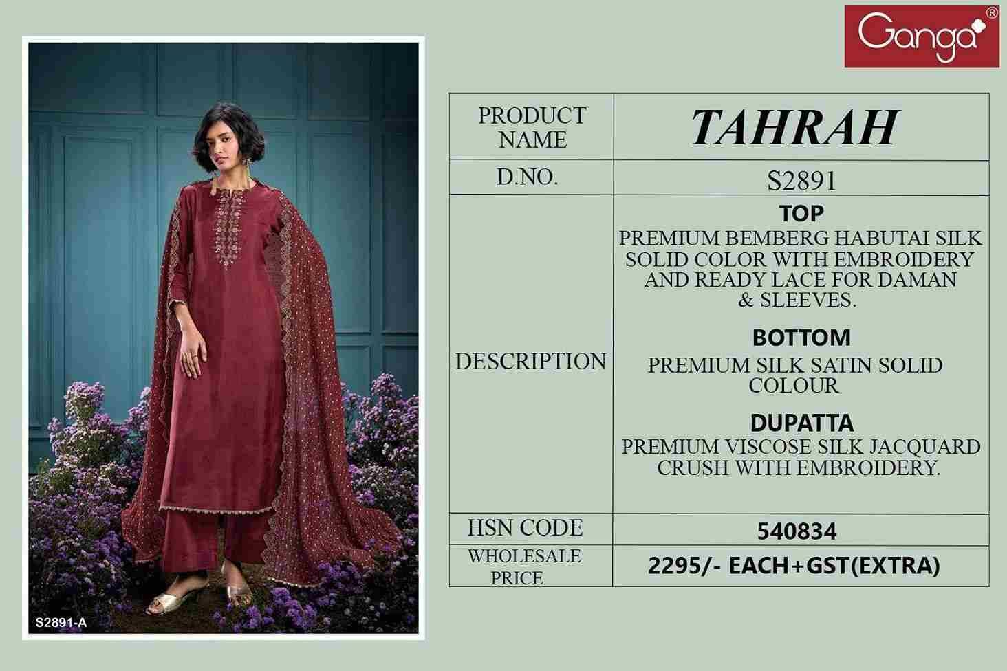 Tahrah-2891 By Ganga Fashion 2891-A To 2891-B Series Beautiful Festive Suits Colorful Stylish Fancy Casual Wear & Ethnic Wear Pure Bemberg Silk Dresses At Wholesale Price