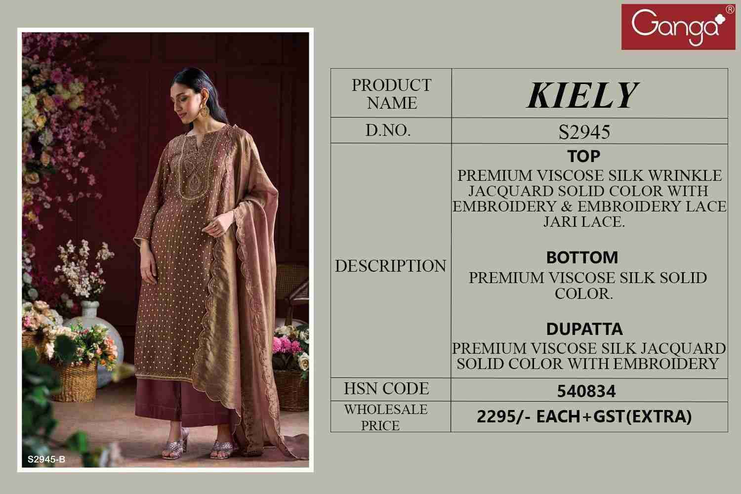 Kiely-2945 By Ganga Fashion 2945-A To 2945-B Series Beautiful Festive Suits Colorful Stylish Fancy Casual Wear & Ethnic Wear Pure Viscose Silk Dresses At Wholesale Price
