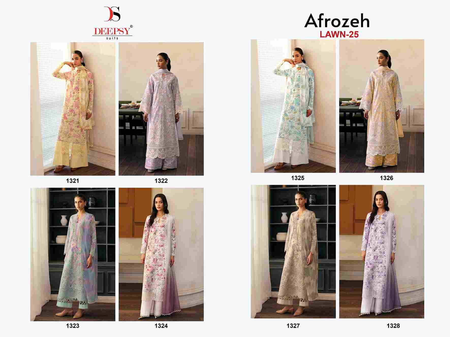 Afrozeh Lawn-25 By Deepsy Suits 1321 To 1328 Series Pakistani Stylish Beautiful Colourful Printed & Embroidered Party Wear & Occasional Wear Pure Cotton Dresses At Wholesale Price