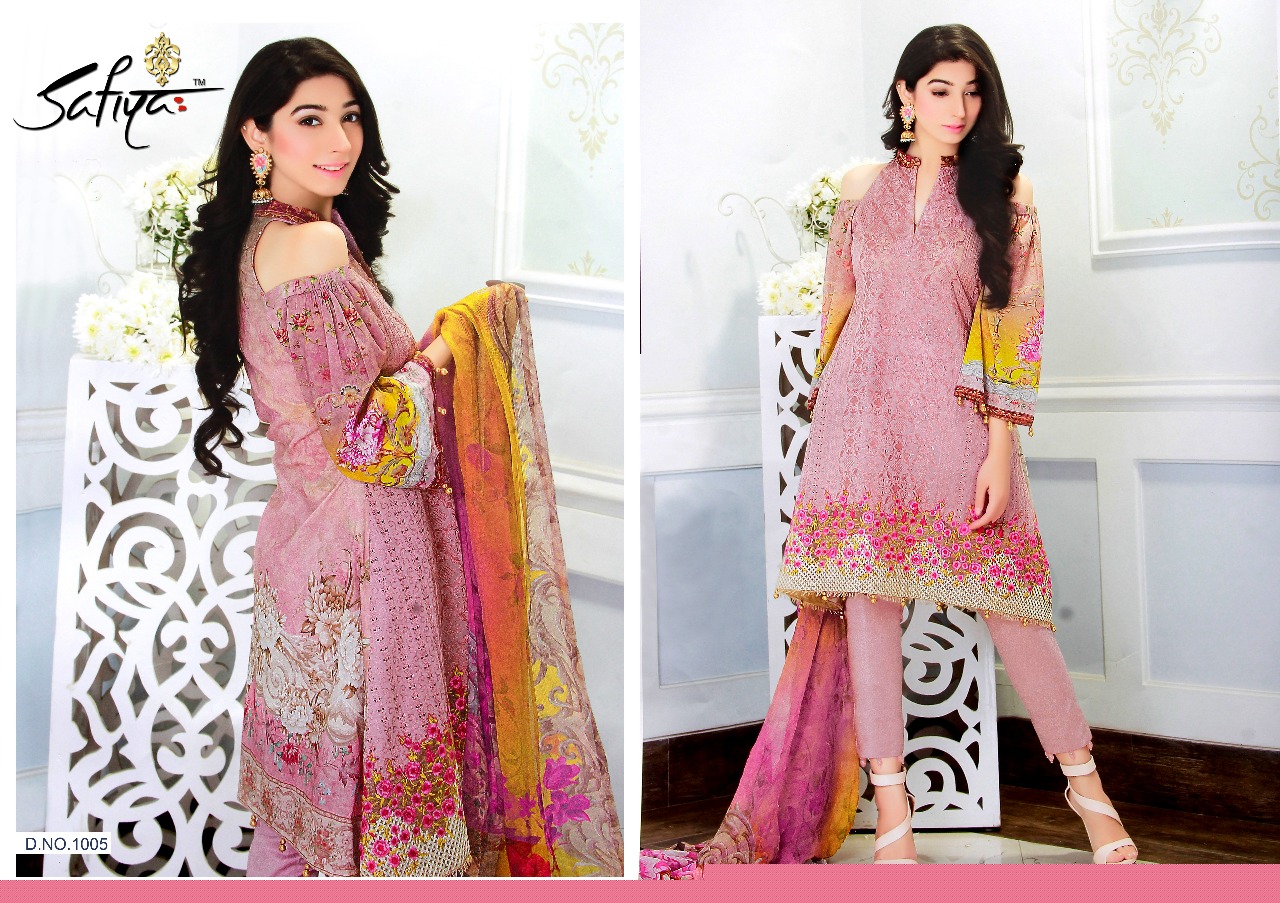 Jazmin By Safiya Collection 1001 To 1006 Series Beautiful Pakistani Suits Designer Colorful Stylish Fancy Embroidered Casual Wear Party Wear & Occasional Wear Glace Satin Cotton Printed Dresses At Wholesale Price