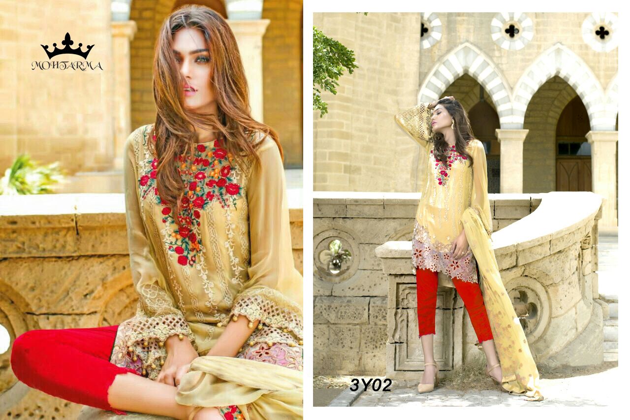 Lehja By Mohtarma Fabrics 3y01 To 3y04 Series Pakistani Stylish Beautiful Designer Embroidered Party Wear Casual Wear Faux Georgette Dresses At Wholesale Price