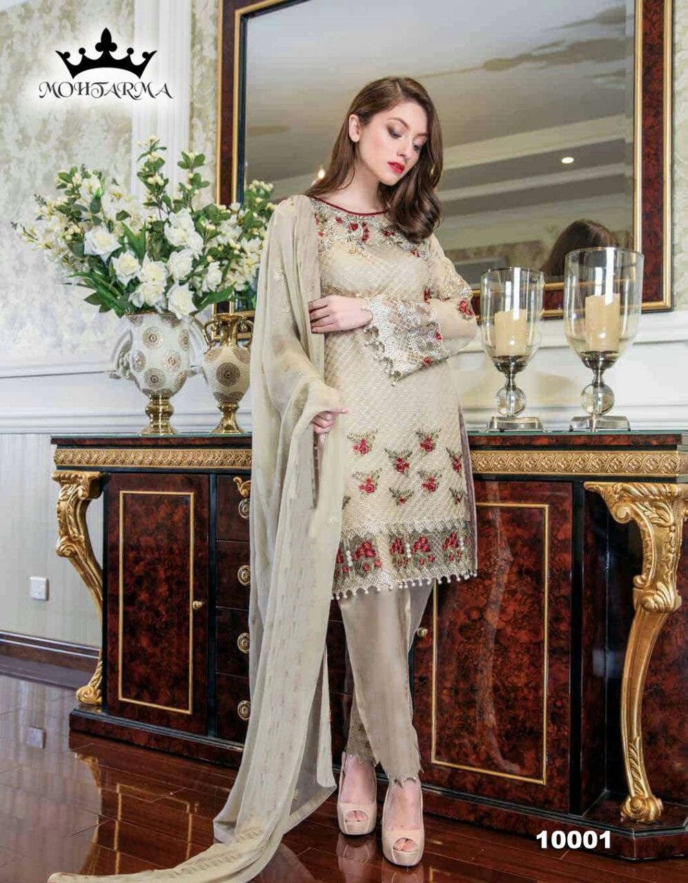 Nayaab By Mohtarma Fabrics 10001 To 10005 Series Beautiful Pakistani Suits Colorful Fancy Embroidered Stylish Party Wear & Occasional Wear Faux Georgette Dresses At Wholesale Price