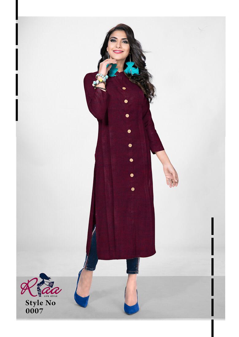 7 Colours By Riaa 0001 To 0007 Series Beautiful Stylish Fancy Colorful Casual Wear & Ethnic Wear & Ready To Wear Rayon Premium Heavy Double Process Kurtis At Wholesale Price