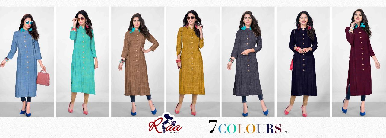 7 Colours By Riaa 0001 To 0007 Series Beautiful Stylish Fancy Colorful Casual Wear & Ethnic Wear & Ready To Wear Rayon Premium Heavy Double Process Kurtis At Wholesale Price