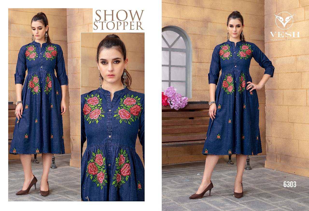 Denim By Vesh 6301 To 6308 Series Indian Traditional Wear Collection Beautiful Stylish Fancy Colorful Party Wear & Occasional Wear Cotton Embroidered Kurtis At Wholesale Price