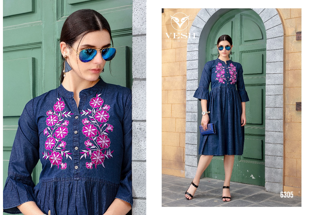 Denim By Vesh 6301 To 6308 Series Indian Traditional Wear Collection Beautiful Stylish Fancy Colorful Party Wear & Occasional Wear Cotton Embroidered Kurtis At Wholesale Price