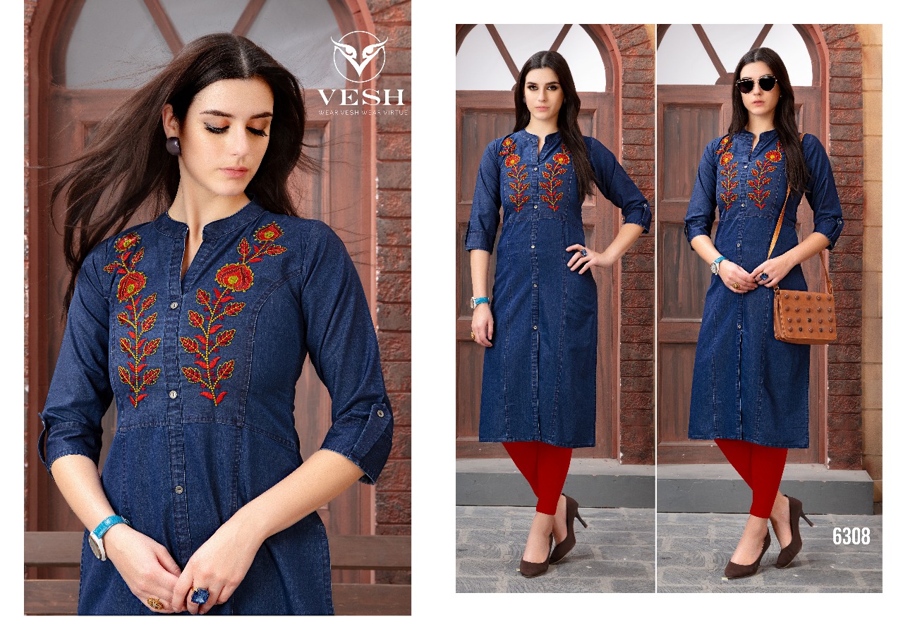 Denim By Vesh 6301 To 6308 Series Indian Traditional Wear Collection Beautiful Stylish Fancy Colorful Party Wear & Occasional Wear Cotton Embroidered Kurtis At Wholesale Price