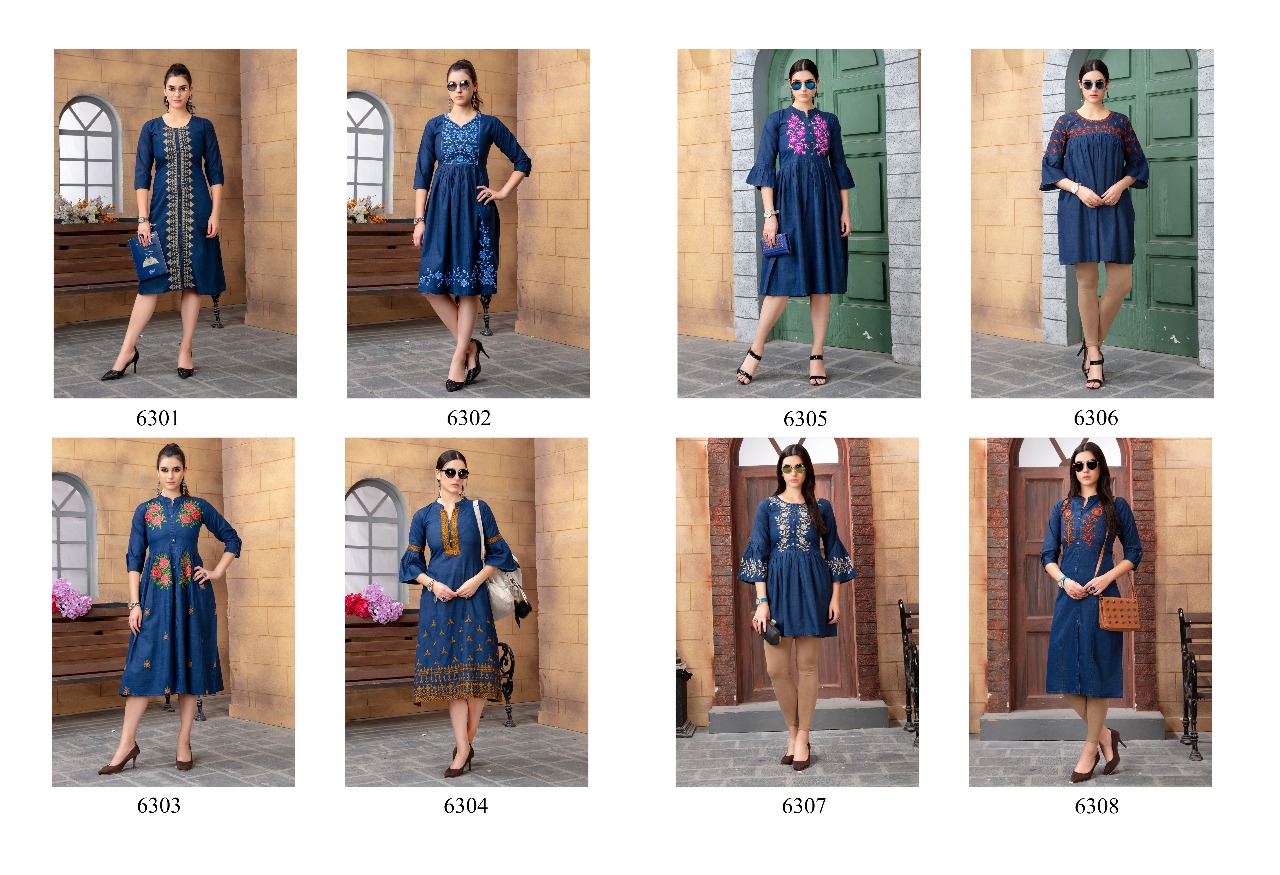 Denim By Vesh 6301 To 6308 Series Indian Traditional Wear Collection Beautiful Stylish Fancy Colorful Party Wear & Occasional Wear Cotton Embroidered Kurtis At Wholesale Price