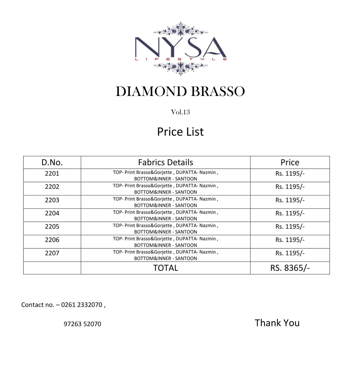 Diamond Brasso Vol-13 By Nysa Lifestyle 2201 To 2207 Series Beautiful Suits Colorful Stylish Fancy Party Wear & Ethnic Wear Brasso & Georgette Printed Dresses At Wholesale Price
