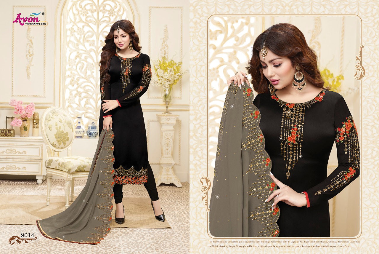 Fashionista Vol-6 By Avon Trendz 9011 To 9017 Series Beautiful Designer Embroidered Suits Colorful Fancy Party Wear & Occasional Wear Stin Silk Georgette Dresses At Wholesale Price
