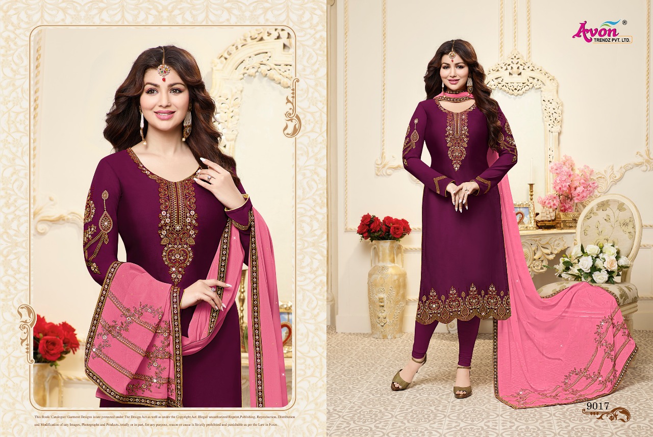 Fashionista Vol-6 By Avon Trendz 9011 To 9017 Series Beautiful Designer Embroidered Suits Colorful Fancy Party Wear & Occasional Wear Stin Silk Georgette Dresses At Wholesale Price