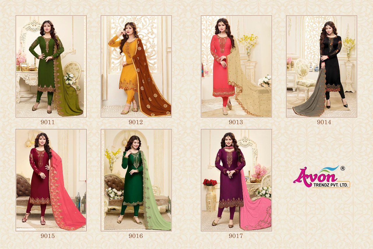 Fashionista Vol-6 By Avon Trendz 9011 To 9017 Series Beautiful Designer Embroidered Suits Colorful Fancy Party Wear & Occasional Wear Stin Silk Georgette Dresses At Wholesale Price