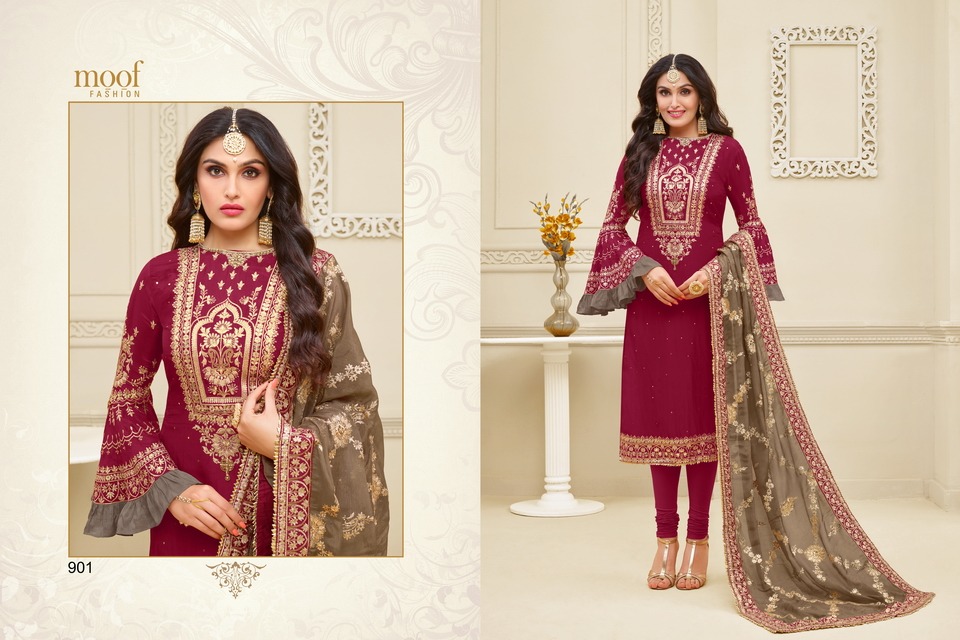 Mahi By Moof Collection 900 To 905 Series Beautiful Suits Colorful Stylish Fancy Colorful Casual Wear & Ethnic Wear Satin Georgette With Heavy Embroidery Work Dresses At Wholesale Price
