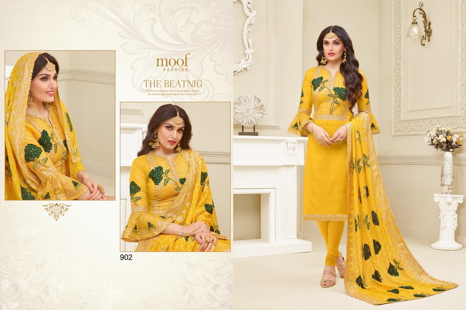 Mahi By Moof Collection 900 To 905 Series Beautiful Suits Colorful Stylish Fancy Colorful Casual Wear & Ethnic Wear Satin Georgette With Heavy Embroidery Work Dresses At Wholesale Price