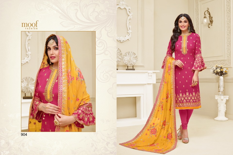 Mahi By Moof Collection 900 To 905 Series Beautiful Suits Colorful Stylish Fancy Colorful Casual Wear & Ethnic Wear Satin Georgette With Heavy Embroidery Work Dresses At Wholesale Price