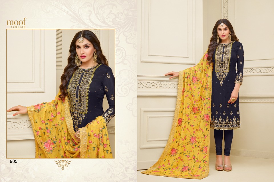 Mahi By Moof Collection 900 To 905 Series Beautiful Suits Colorful Stylish Fancy Colorful Casual Wear & Ethnic Wear Satin Georgette With Heavy Embroidery Work Dresses At Wholesale Price