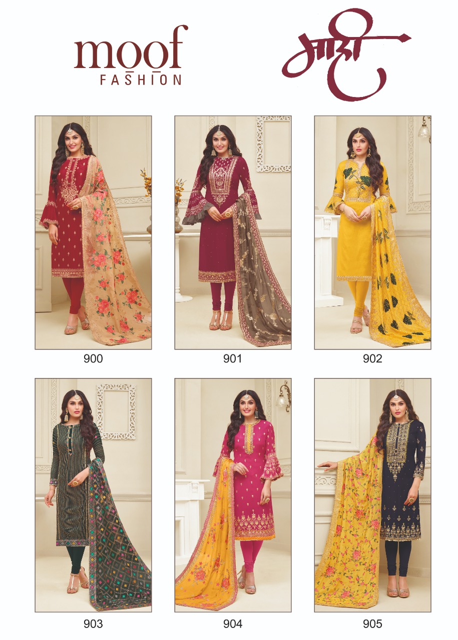 Mahi By Moof Collection 900 To 905 Series Beautiful Suits Colorful Stylish Fancy Colorful Casual Wear & Ethnic Wear Satin Georgette With Heavy Embroidery Work Dresses At Wholesale Price