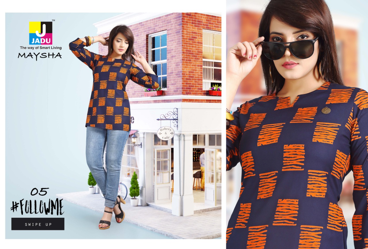 Maysha By Jadu 01 To 10 Series Beautiful Stylish Colorful Fancy Party Wear & Ethnic Wear & Ready To Wear Rayon Printed Kurtis At Wholesale Price