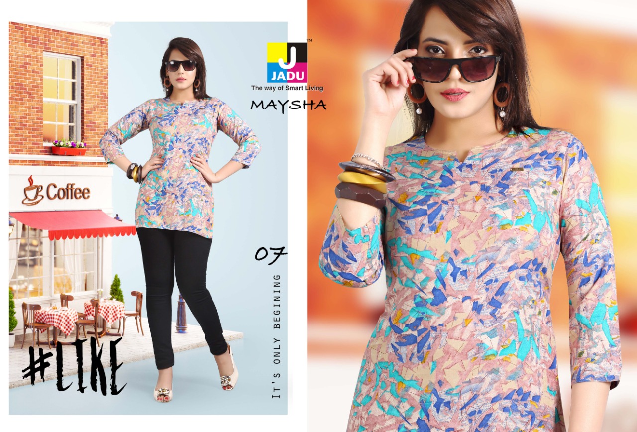 Maysha By Jadu 01 To 10 Series Beautiful Stylish Colorful Fancy Party Wear & Ethnic Wear & Ready To Wear Rayon Printed Kurtis At Wholesale Price