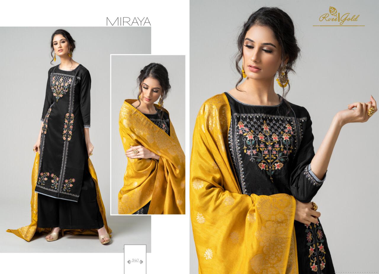 Miraya By Rvee Gold By 340 To 347 Series Beautiful Winter Suits Stylish Fancy Colorful Winter Wear & Ethnic Wear Pure Chanderi Embroidered Dresses At Wholesale Price