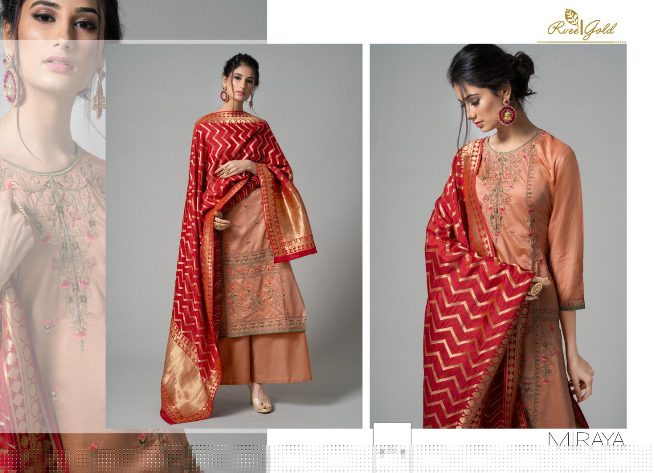 Miraya By Rvee Gold By 340 To 347 Series Beautiful Winter Suits Stylish Fancy Colorful Winter Wear & Ethnic Wear Pure Chanderi Embroidered Dresses At Wholesale Price