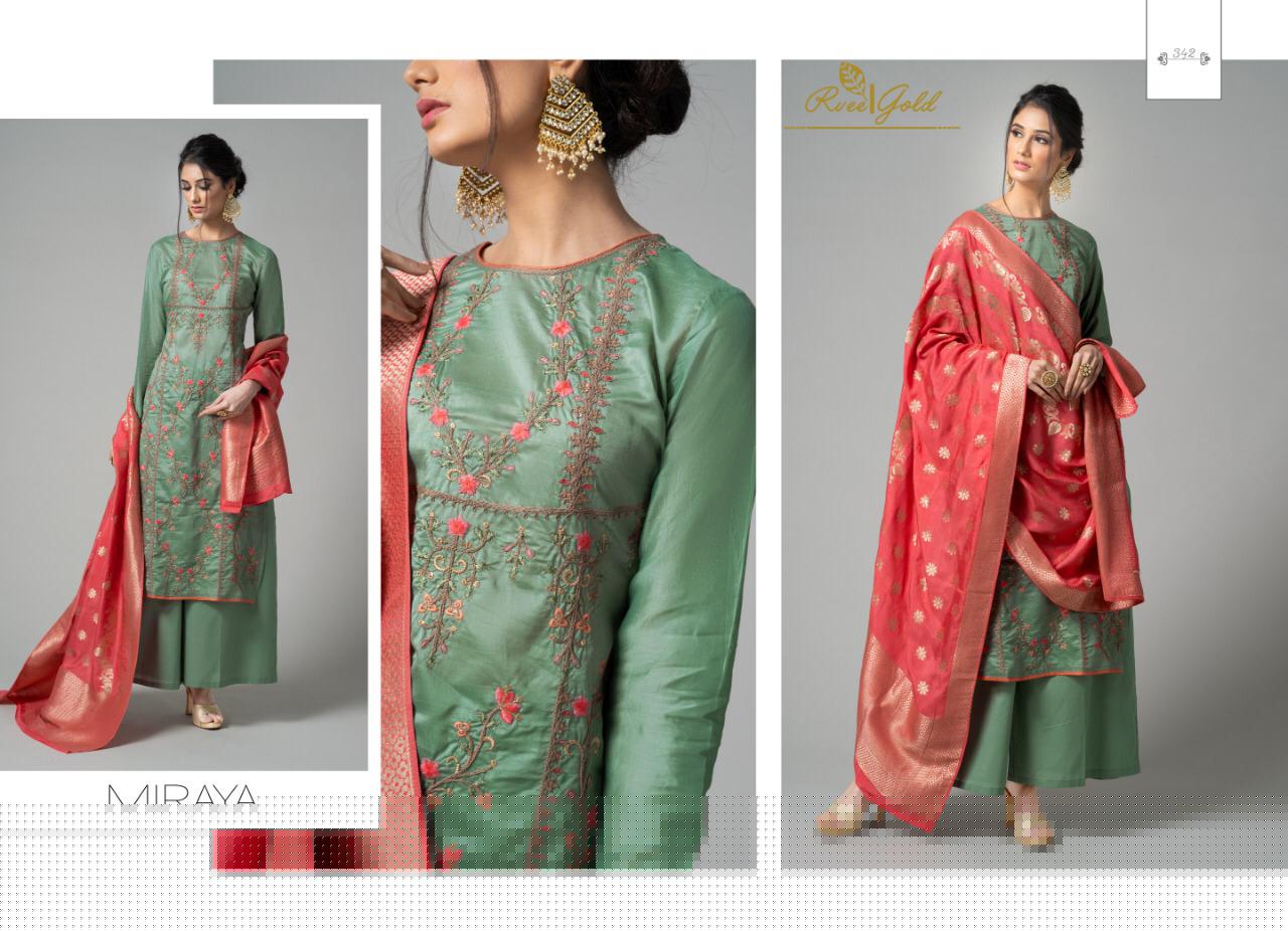 Miraya By Rvee Gold By 340 To 347 Series Beautiful Winter Suits Stylish Fancy Colorful Winter Wear & Ethnic Wear Pure Chanderi Embroidered Dresses At Wholesale Price