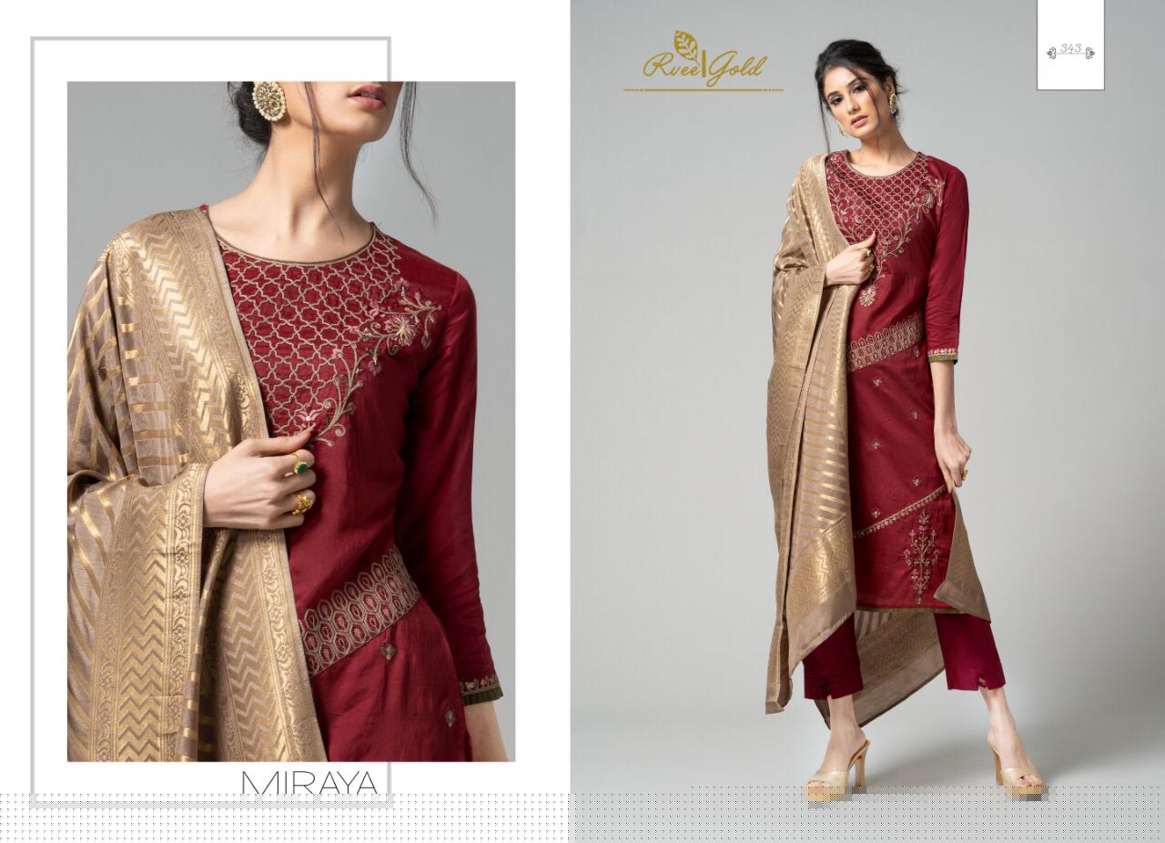 Miraya By Rvee Gold By 340 To 347 Series Beautiful Winter Suits Stylish Fancy Colorful Winter Wear & Ethnic Wear Pure Chanderi Embroidered Dresses At Wholesale Price