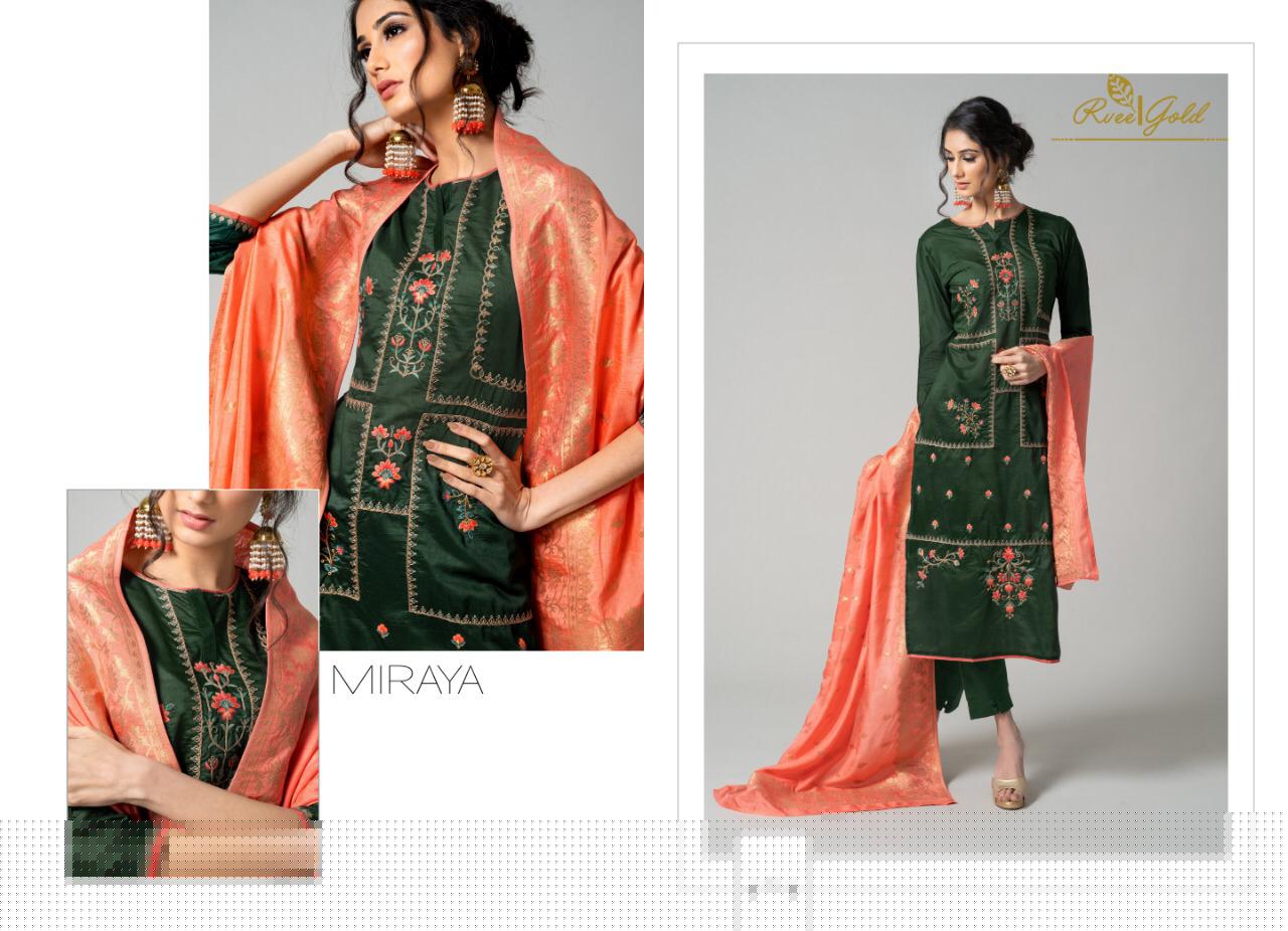 Miraya By Rvee Gold By 340 To 347 Series Beautiful Winter Suits Stylish Fancy Colorful Winter Wear & Ethnic Wear Pure Chanderi Embroidered Dresses At Wholesale Price