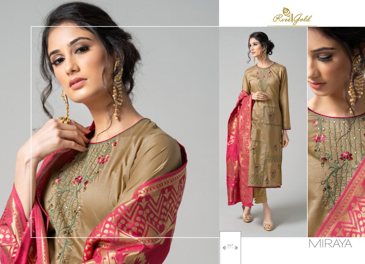 Miraya By Rvee Gold By 340 To 347 Series Beautiful Winter Suits Stylish Fancy Colorful Winter Wear & Ethnic Wear Pure Chanderi Embroidered Dresses At Wholesale Price