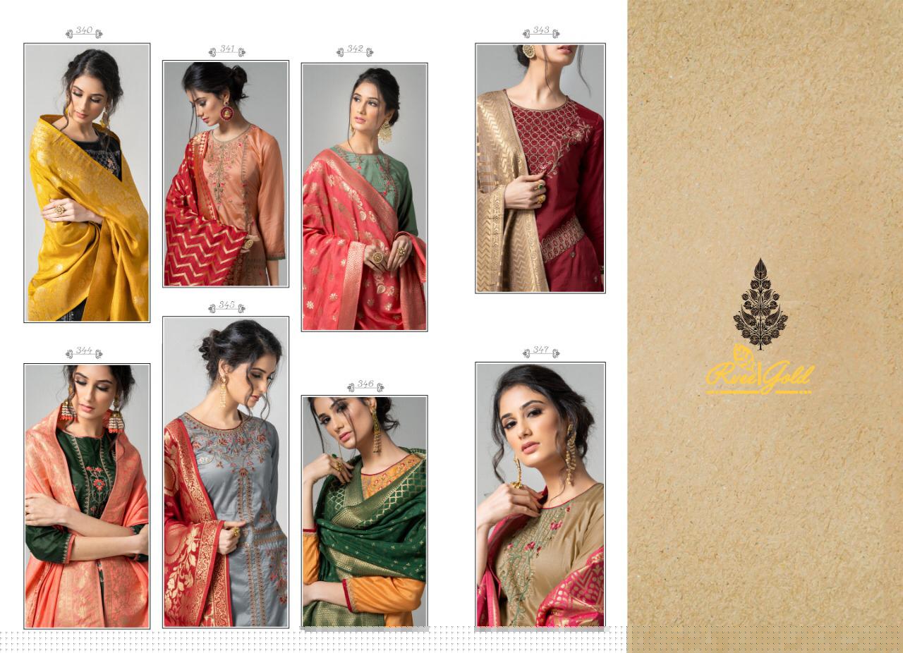 Miraya By Rvee Gold By 340 To 347 Series Beautiful Winter Suits Stylish Fancy Colorful Winter Wear & Ethnic Wear Pure Chanderi Embroidered Dresses At Wholesale Price